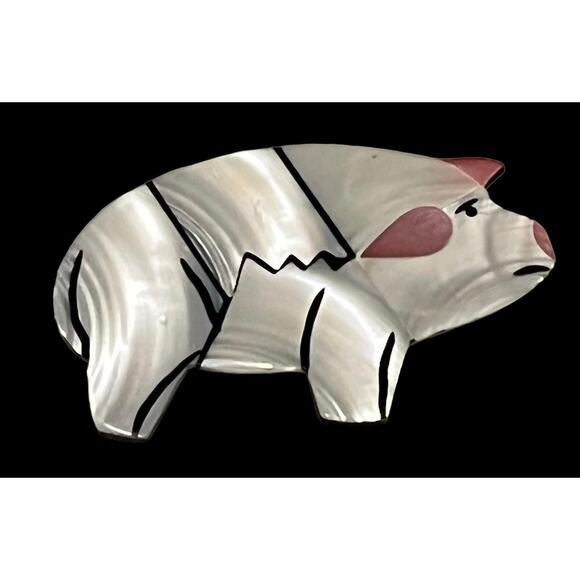 VTG Mother Of Pearl Shell PIG BROOCH 2.5” Pin White Piglet Pink Ears Nose Cheek - Picture 4 of 5